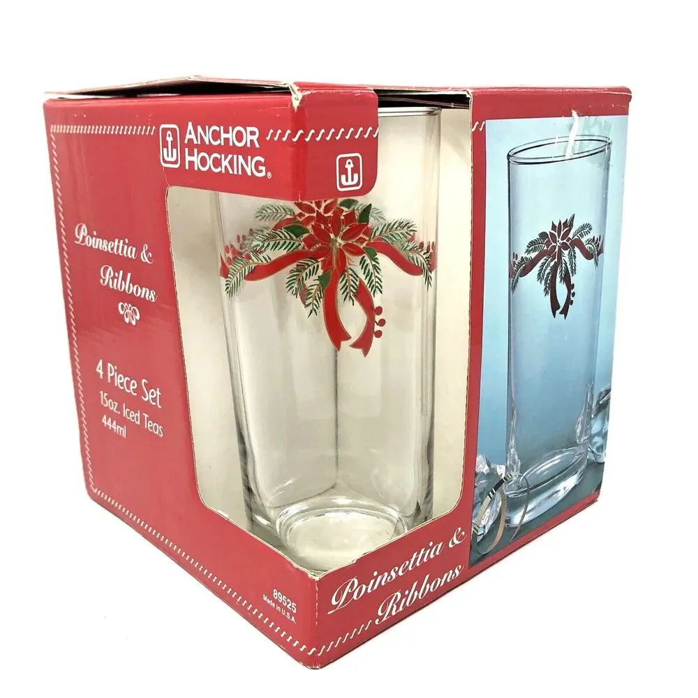 Anchor Hocking Poinsettia & Ribbon Tumblers Holiday Iced Teas 16 oz Set of 4 NEW